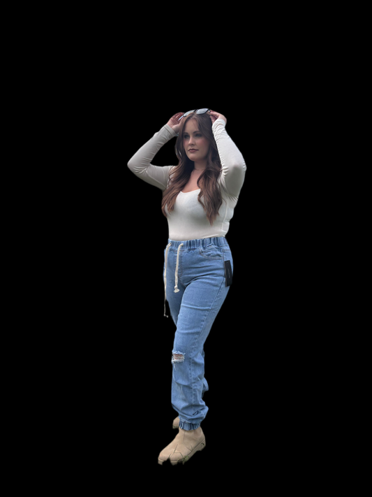 HIGH WAIST DENIM JOGGER STYLE PANT