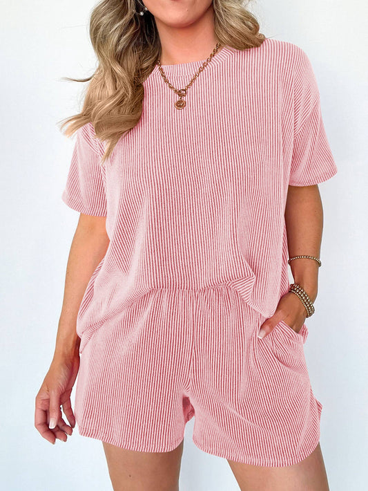 Striped Round Neck Top And Shorts Two-Piece Set